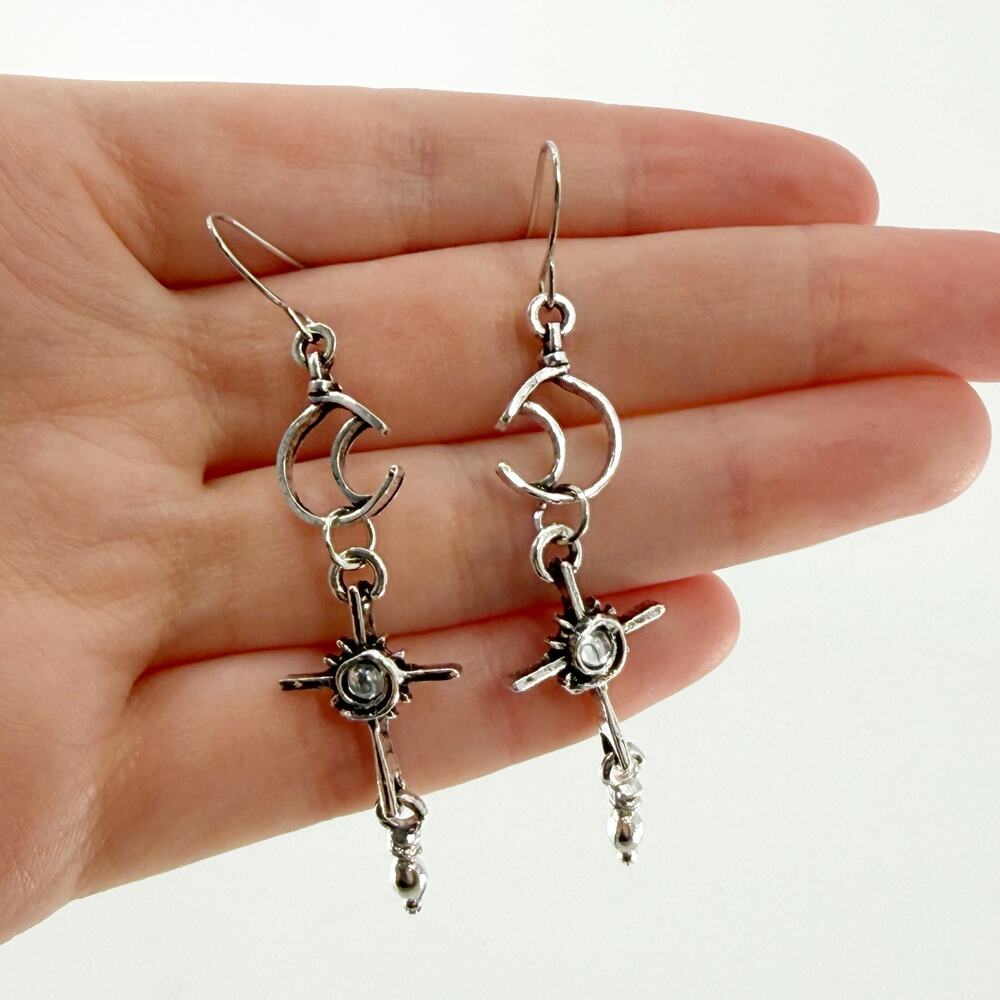 Silver Crescent Moon & Cross Dangle Earrings Celestial Gothic Jewelry